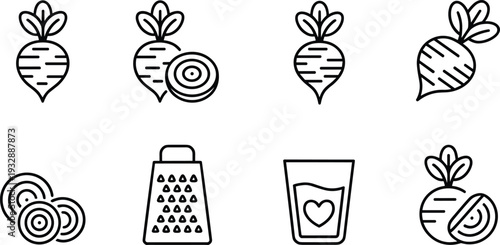 Beetroot line icon set, fresh sliced whole grated and juice beet vegetable outline vector illustration collection