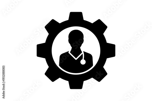 silhouette of medical professional within industrial gear framework, symbolizing efficiency and healthcare innovation