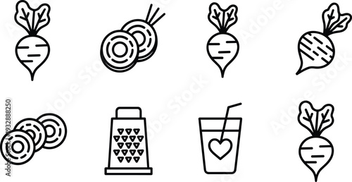 Beetroot line icon set, fresh sliced grated and juice beet vegetable outline vector illustration collection for organic food