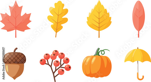 Autumn Fall Season Vector Set with Colorful Leaves, Acorn, Pumpkin, Berries, and Umbrella Illustration for Thanksgiving and Harvest Design