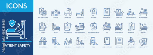 Patient Safety icon set vector illustration. Containing icon of infection control, treatment, rehabilitation and more. Outline blue icon symbol collection
