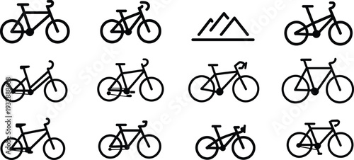 Bicycle and mountain line icon set, cycling transport outline vector illustration collection for outdoor adventure sport branding design