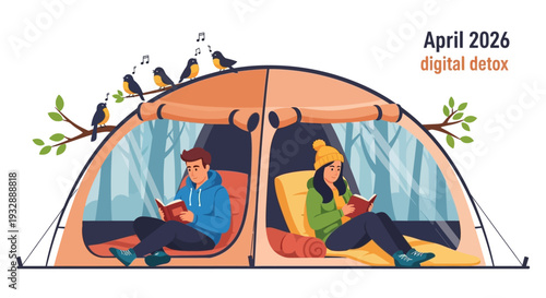 People relaxing in a tent surrounded by nature and birds, enjoying a digital detox in a serene outdoor environment