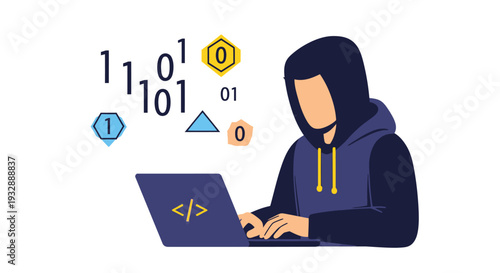 A person working on a laptop surrounded by coding symbols and geometric shapes in a modern workspace