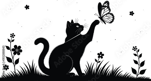 Black cat silhouette reaching for a butterfly in a meadow with flowers and grass, minimalist paper cut style vector illustration on white background.