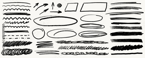 Crayon line highlight scribble arrows and underline strokes in black on white background with doodle circles and boxes. Crayon line highlight elements in rough pencil and pen texture.