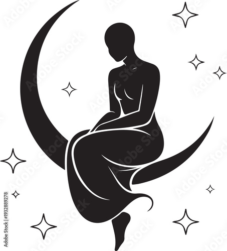 Silhouette woman sitting on crescent moon surrounded by stars