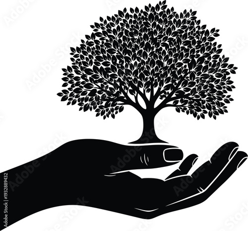 Hand Holding Tree Silhouette Isolated on White