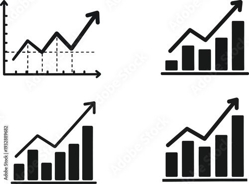 Black Graph Icons with Arrows on White Background