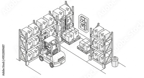 Warehouse scene featuring a forklift, shelves, and stacked boxes, ready for logistics.