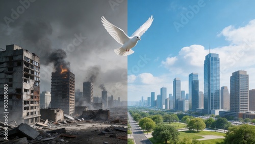 A split city scene contrasts destruction and renewal, with a white dove symbolizing peace and hope.