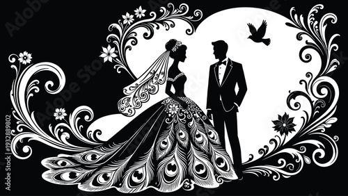 Elegant black and white wedding silhouette illustration with bride in peacock feather dress and groom framed by floral swirls and romantic dove flying high