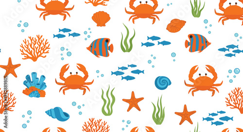 Seamless underwater pattern with crabs fish coral starfish and marine life vector illustration