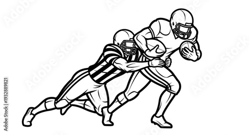 Football players in action, one tackling the other, intense competition.