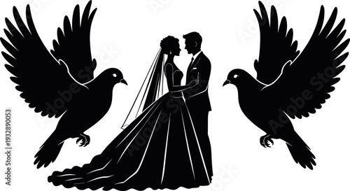 Elegant black silhouette of a bride and groom in a romantic embrace with two large flying doves of peace for wedding invitation design. (24 words)