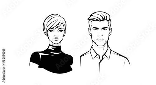 Illustration of a man and woman, both with serious expressions, in a minimalist style.