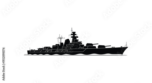 Detailed warship silhouette isolated on white background, bold naval battleship outline with intricate superstructure elements, dramatic high resolution monochrome illustration, strong maritime