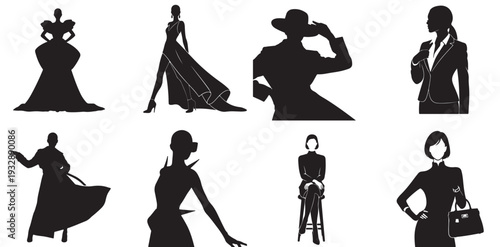 Set of 8 Fashionable Women Silhouettes Vector