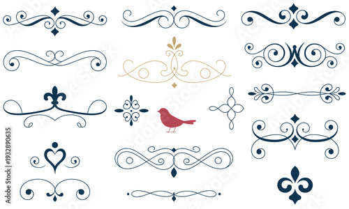 Elegant vector flourishes, dividers, accents, a charming bird and heart, crafted for sophisticated design, brightly presented on white.
