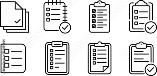 Checklist and clipboard icon set with document verification task list approval form line art vector illustration collection