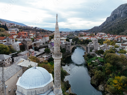 Obraz na plátně Drone view of the historical old Mostar Bridge