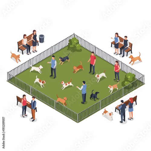 Isometric Dog Park Scene with People and Various Breeds of Dogs Playing.