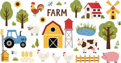 Farm landscape elements collection with barn tractor animals and rural agriculture vector illustration set