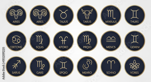 Zodiac signs collection on dark background with golden outlines and details.