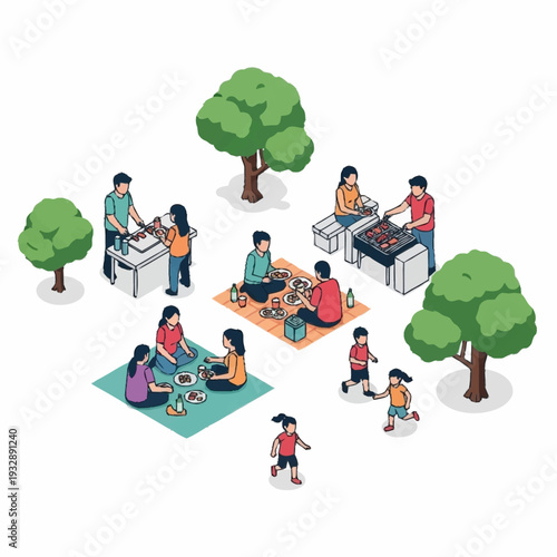 Isometric families enjoying outdoor picnic and barbecue activities.