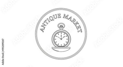 Antique Market Emblem with Clock Design and Decorative Circular Border.