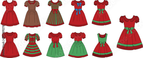 Set of red and green traditional dirndl dresses, oktoberfest folk costume flat vector illustration collection isolated on white