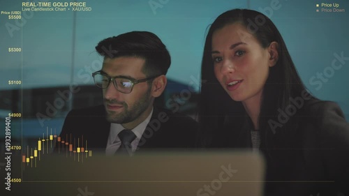 Stock market traders analyzing financial graph on laptop night