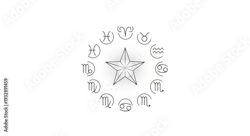 Star surrounded by zodiac signs representing astrology and celestial concepts on white background.
