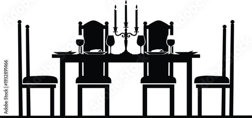 Elegant Black Silhouette Vector of a Formal Dining Table Set with High Back Chairs Candelabra Wine Glasses and Plates for Interior Design Graphics
