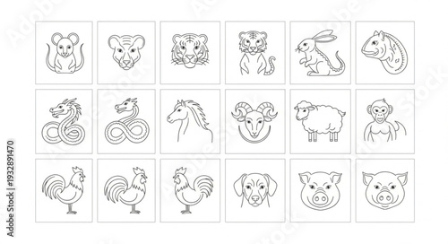 Collection of various animal illustrations in a grid layout, black and white.