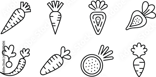 Carrot vegetable line icon collection with whole, sliced and leafy variations, outline vector healthy food illustration set