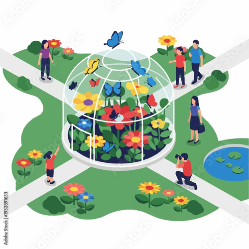 Isometric illustration of a vibrant butterfly garden with diverse visitors.