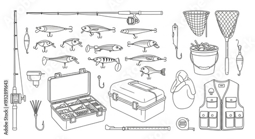 Fishing Gear Collection - Rods, Reels, Tackle Boxes, and Accessories for Angling.