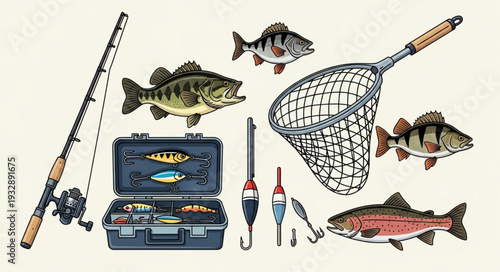 Fishing gear and fish arrangement, showcasing angling equipment and aquatic life.