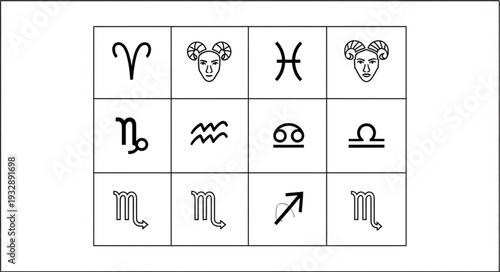 Astrological Zodiac Signs Arranged in a Grid Formation Representing Celestial Concepts.