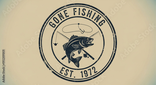 Vintage Gone Fishing Emblem with Fish and Fishing Rods, Established in 1972.