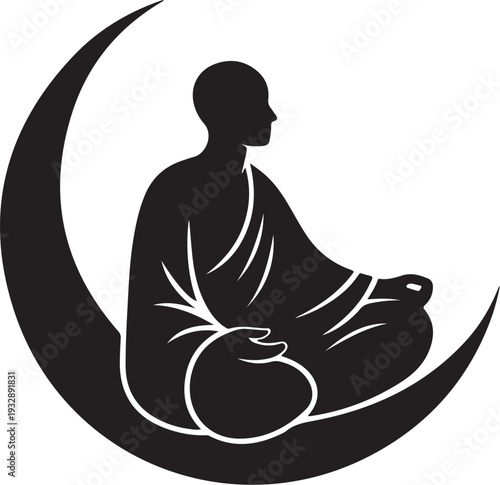 Meditating monk silhouette sitting on crescent moon celestial spiritual yoga vector