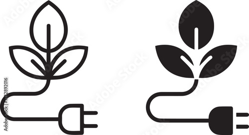 Eco friendly green energy plant and power plug icons