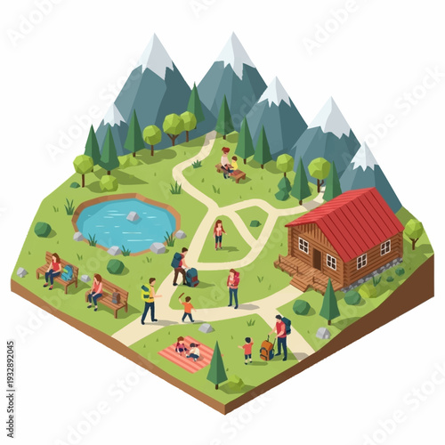 Isometric illustration of a vibrant mountain park with diverse outdoor activities and a cozy cabin.