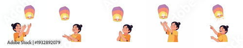 Girl releasing sky lantern with transparent background