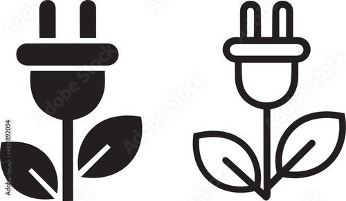 Green energy plant plug icon set