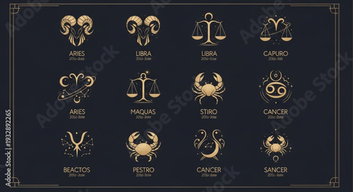 Zodiac signs symbols in golden color on a dark background, astrology concept.