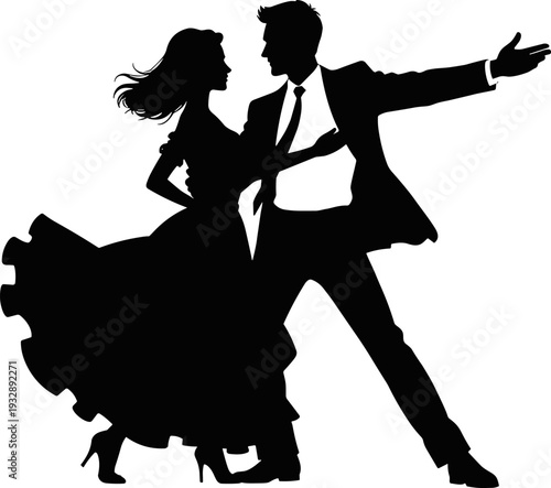 Elegant Couple Dancing Ballroom Silhouette in Black and White Vector Illustration Featuring Romantic Waltz Performance and Graceful Formal Evening Attire Design