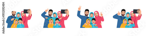 Muslim family taking selfies together in joyful moments