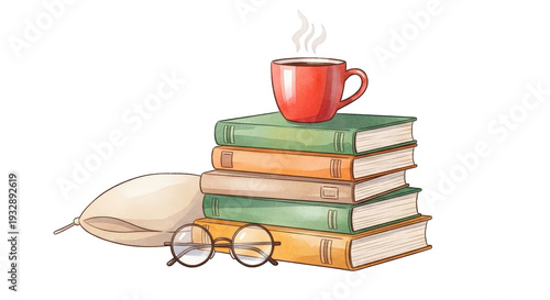 A stack of books with a cup of coffee on top
